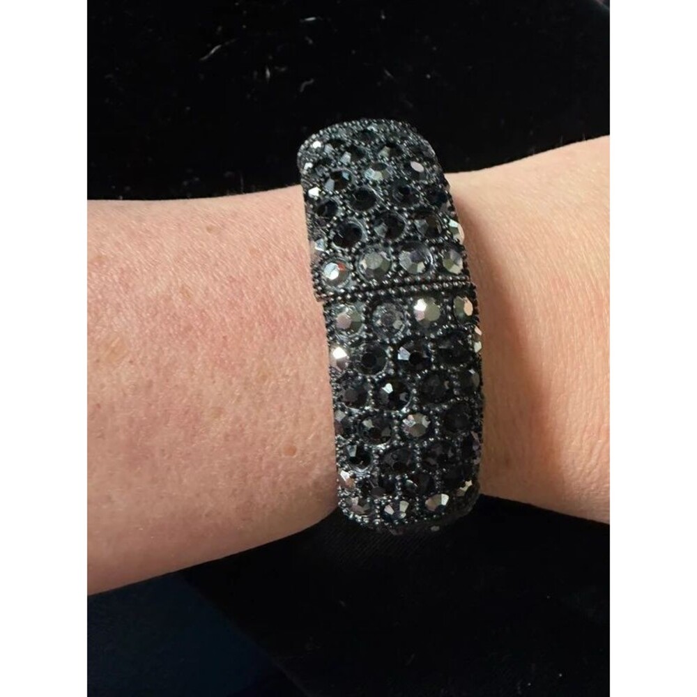 Black Rhinestone Wide Stretch Cuff Bracelet, Statement